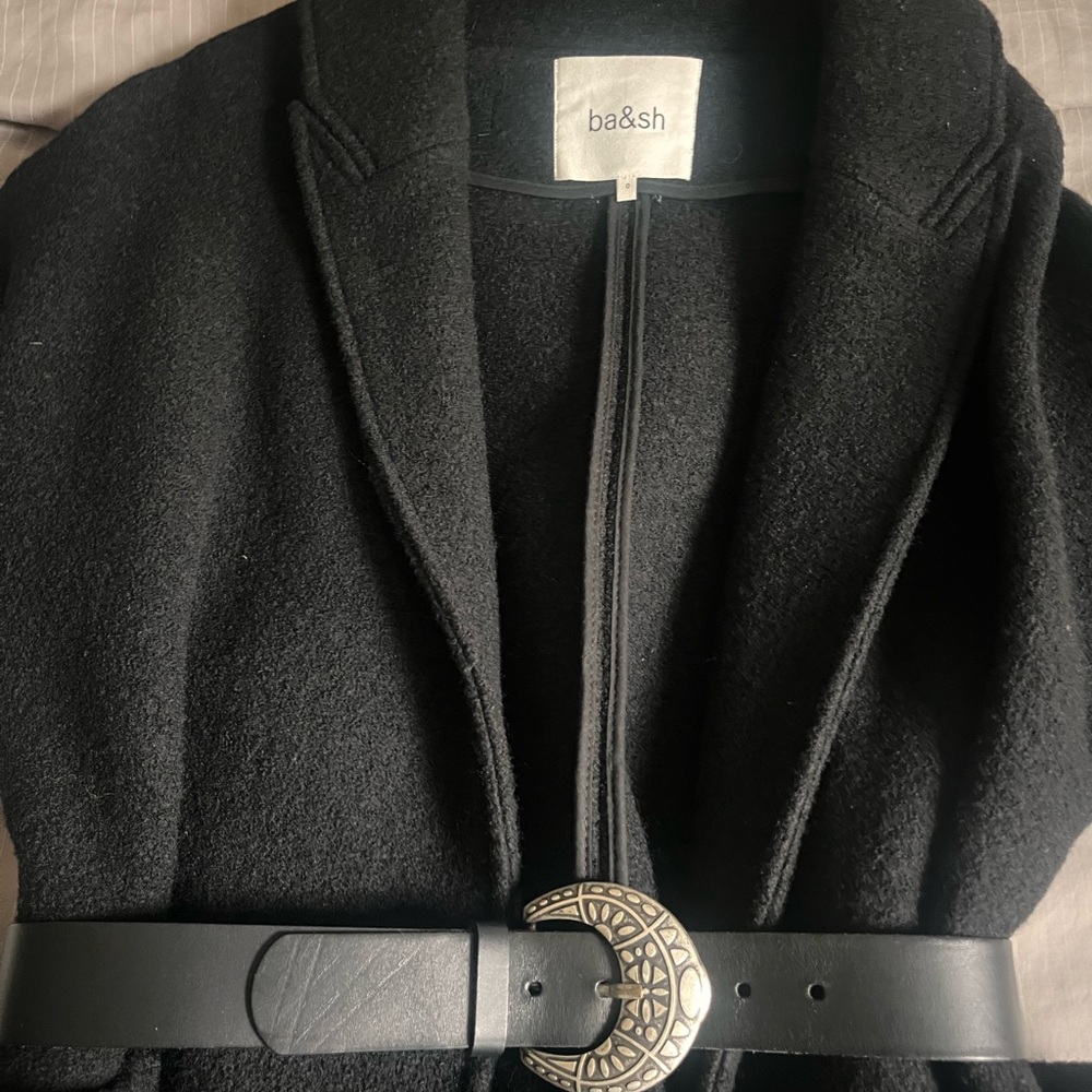 ba&sh Black Wool Coat with Decorative Metal Buckle Belt